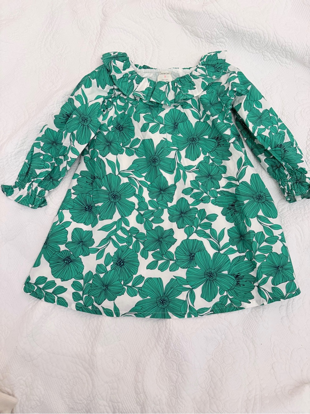 Crewcuts White Dress with Bold Green Floral Print